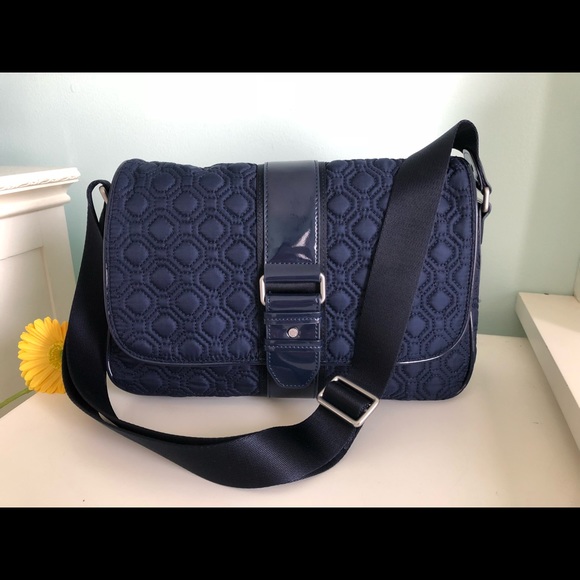 Vera Bradley Handbags - VERA BRADLEY Navy Blue Quilted Bag Leather Trim